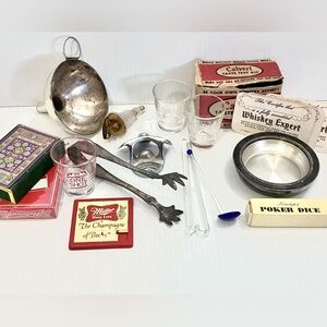Vintage Barware Gambling Lot MCM Silver Plate Glass Cards Ashtray Funnel Dice